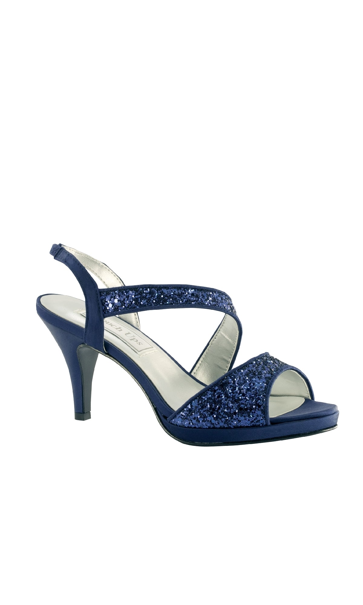 The Reagan Navy Prom Shoes (Touch Ups 4125) feature glittery straps, an open toe, and a mid-height heel—ideal as navy blue formal shoes for special occasions. Shown on a white background.